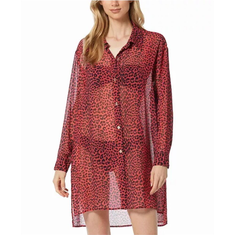 Michael Kors Nwt Women's Animal-Print Sheer Cover-Up Shirt Large Sea Coral